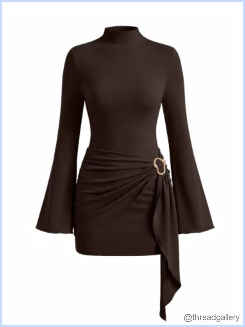 Womens Mock Neck Bell Long Sleeve Bodycon Mini Dress Side Ruching